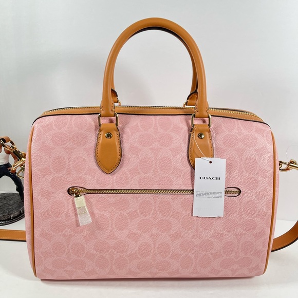 Coach Powder Pink Rowan Large Satchel Bag In Signature With Charms NWT - Picture 2 of 9